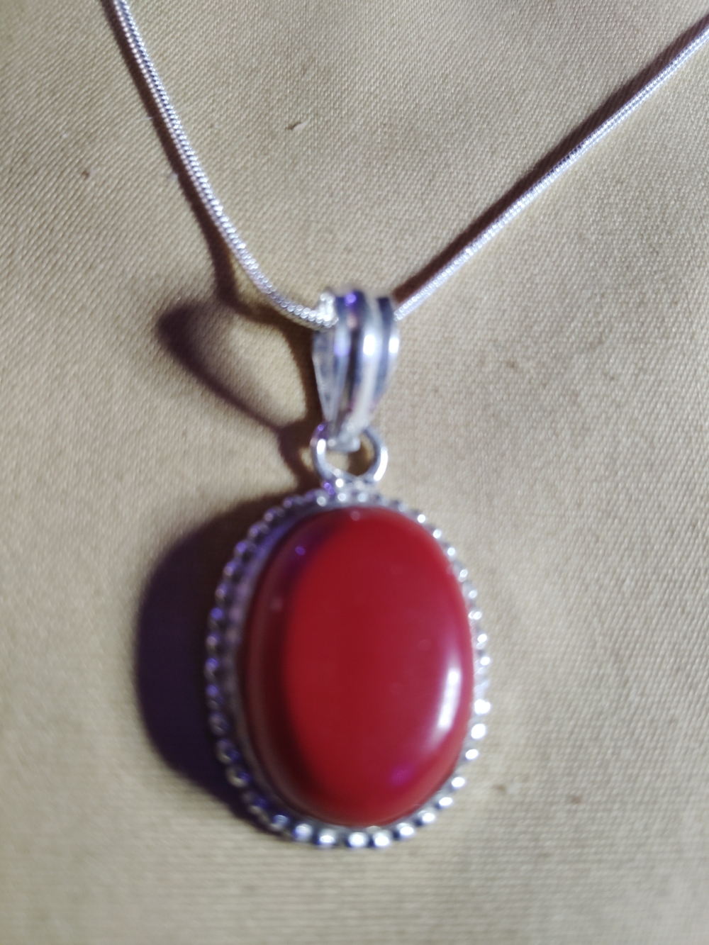 MEN'S-RED OVAL CERTIFIED CORAL, STERLING SILVER, 18" INCH NECKLACE.